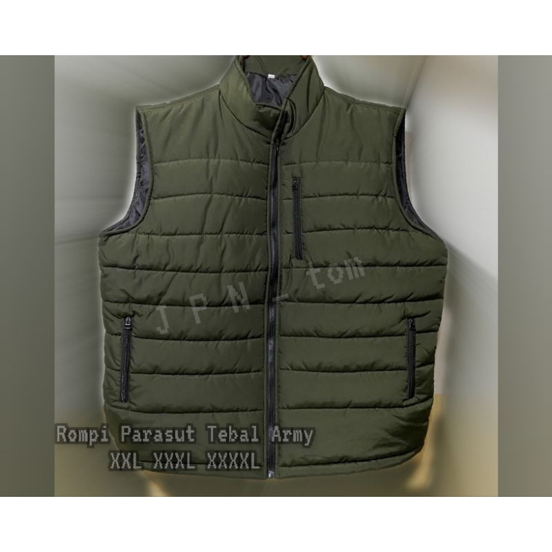 Rompi Kembung Parasut Big Size XXL Army XXXL XXXXL Vest Jumbo Parasit Pria Wanita 2XL 3XL 4XL Jaket Motor Anti Angin Tanpa Lengan Model Gembung Bahan Tebal Dacron 10 oz Outdoor Hiking Saku Dalam Banyak Navy Rompi Gelembung ld 130 ld 140 Abu Hitam Ghost