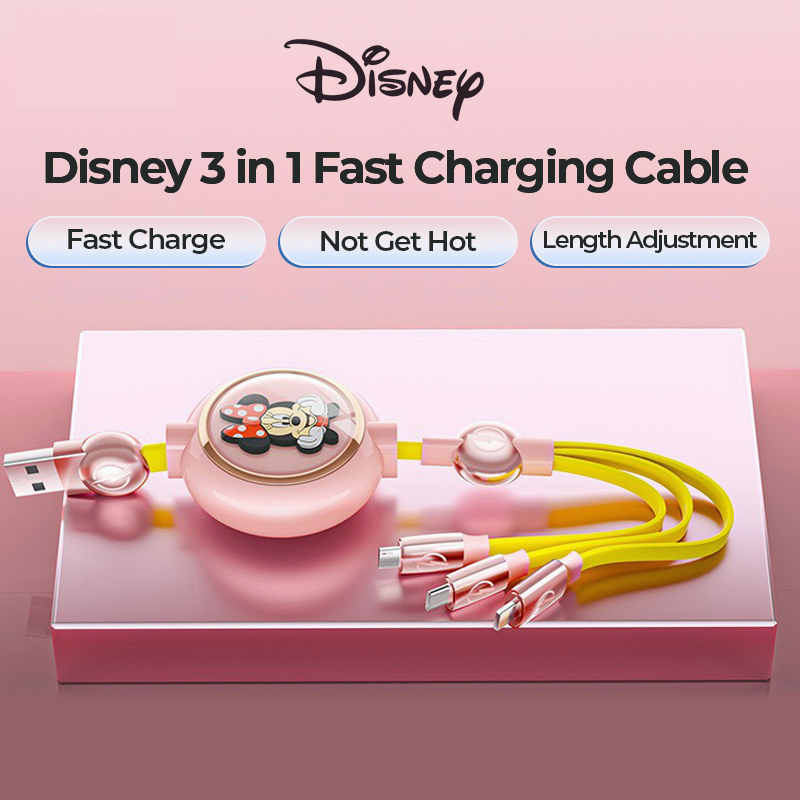 Disney 3 in 1 Kabel Pengisi Daya 1M Dapat Ditarik Micro+TypeC+Lightning kabel pengisian cepat Untuk oppo/Xiaomi/Samsung