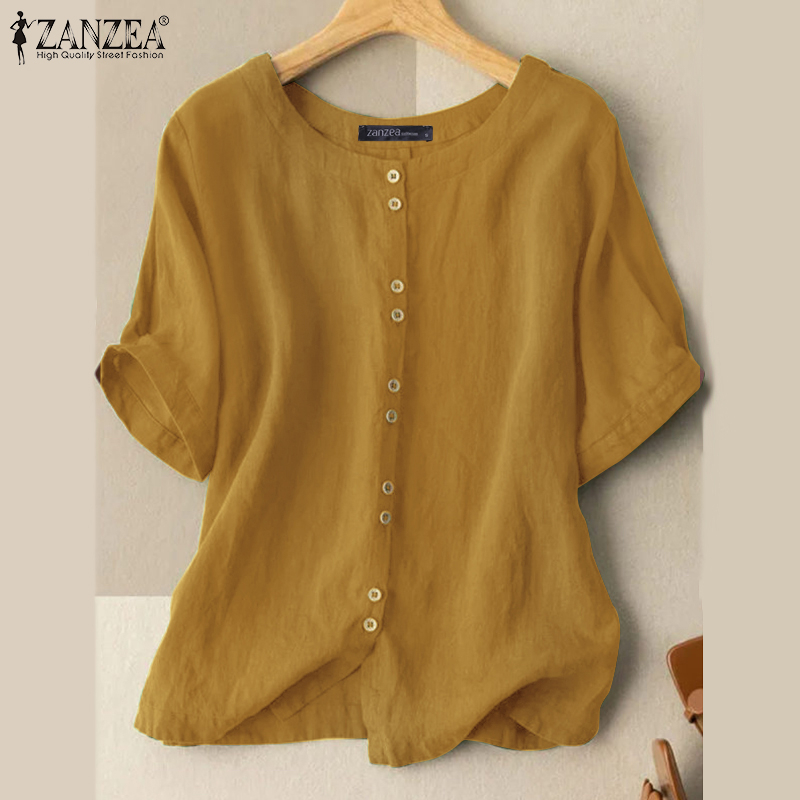 ZANZEA Women Short Sleeved Button Down Front O-Neck Solid Color Blouse