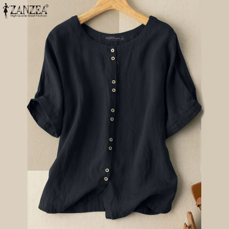 ZANZEA Women Short Sleeved Button Down Front O-Neck Solid Color Blouse