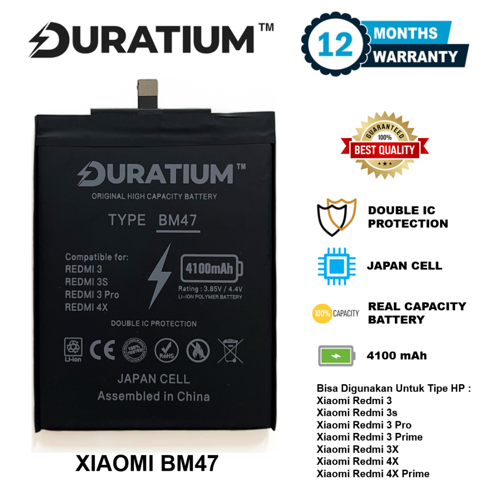 Baterai Duratium Xiaomi Redmi 3 3S 3 Prime 3 Pro 4X 4X Prime BM47 Original Batre Batrai HP Garansi Resmi