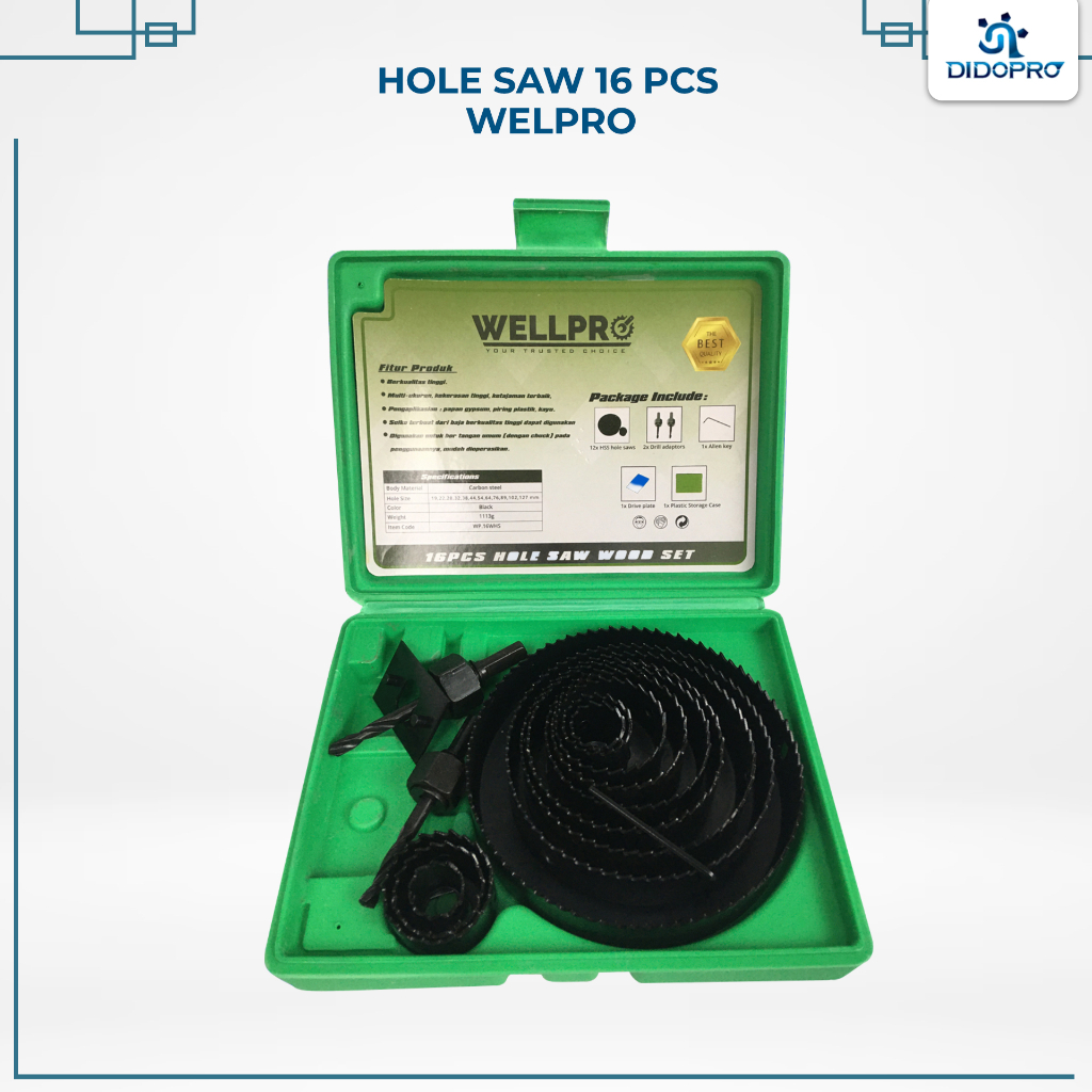 Hole Saw Holesaw Set 16 pcs Wellpro Mata Bor Pelubang Kayu Paralon Hidroponik