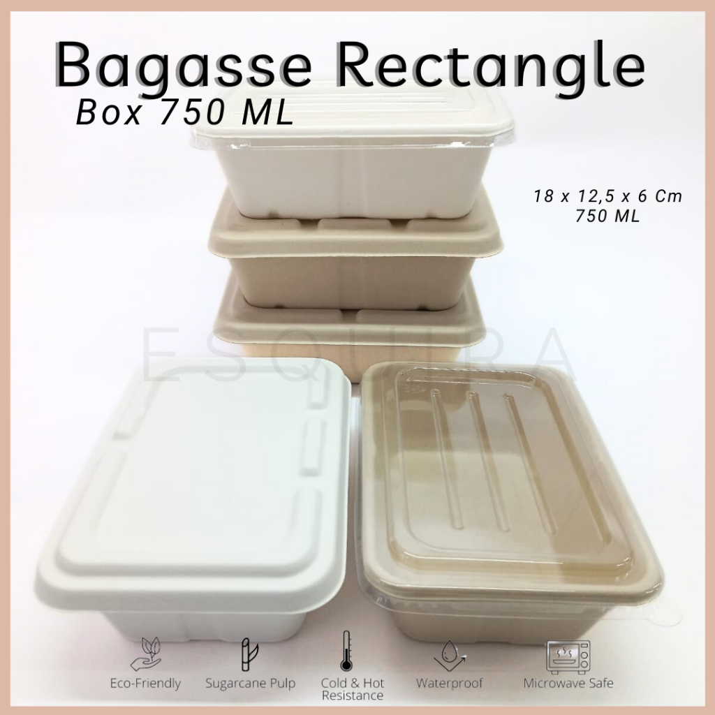 Bagasse Rectangle / Lunch Box 750 ML/Pulp Lid /Mika Lid /10 PCS/ C750,C750X