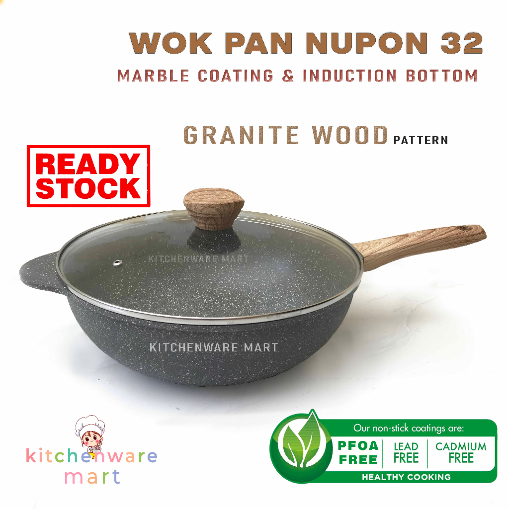 WOK PAN NUPON 32 CM MARBLE COATING - INDUCTION BOTTOM WOOD PATTERN - WOK GRANITE PFLUON WOOD KERAMIK PFLUON NEW