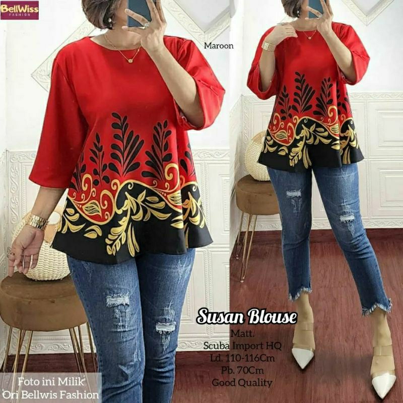 Susan Blouse, BLOUSE WANITA CANTIK MODIS FIT XXL LD 110-120 BAHAN SCUBA IMPORT TERMURAH OOTD KEKINIAN TERLARIS