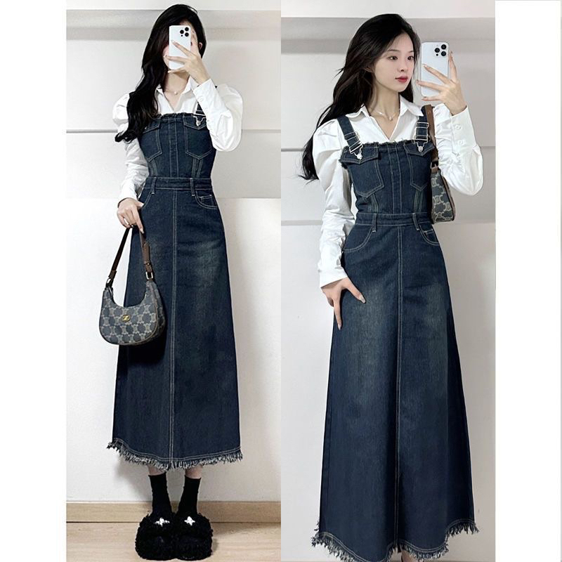 [Korean Series] Set Two Piece Suit : Overall Jeans Denim with Suspender + White Shirt ( Overall Denim Rawis + Kemeja Putih )