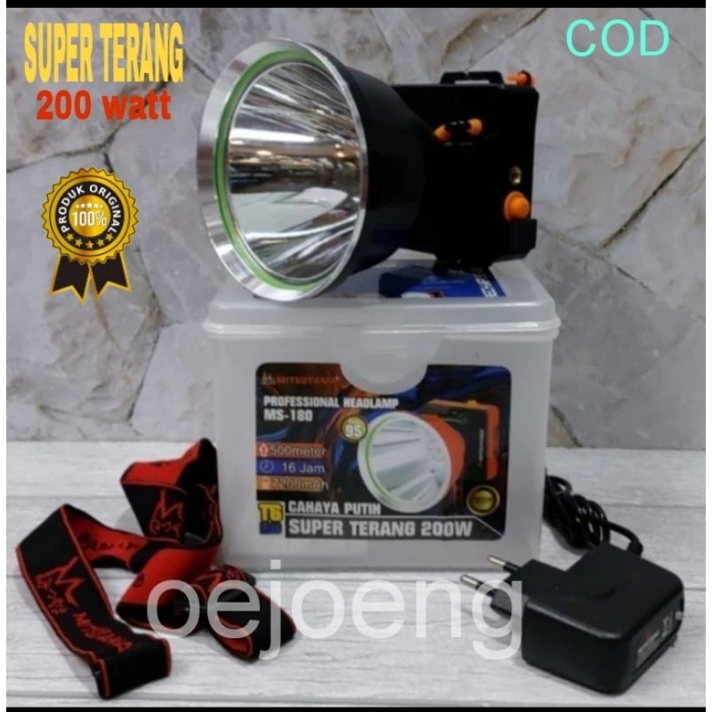 Senter Kepala LED Matauyama MS-180 Cahaya Putih Super Terang 200 Watt Cas Charge Original