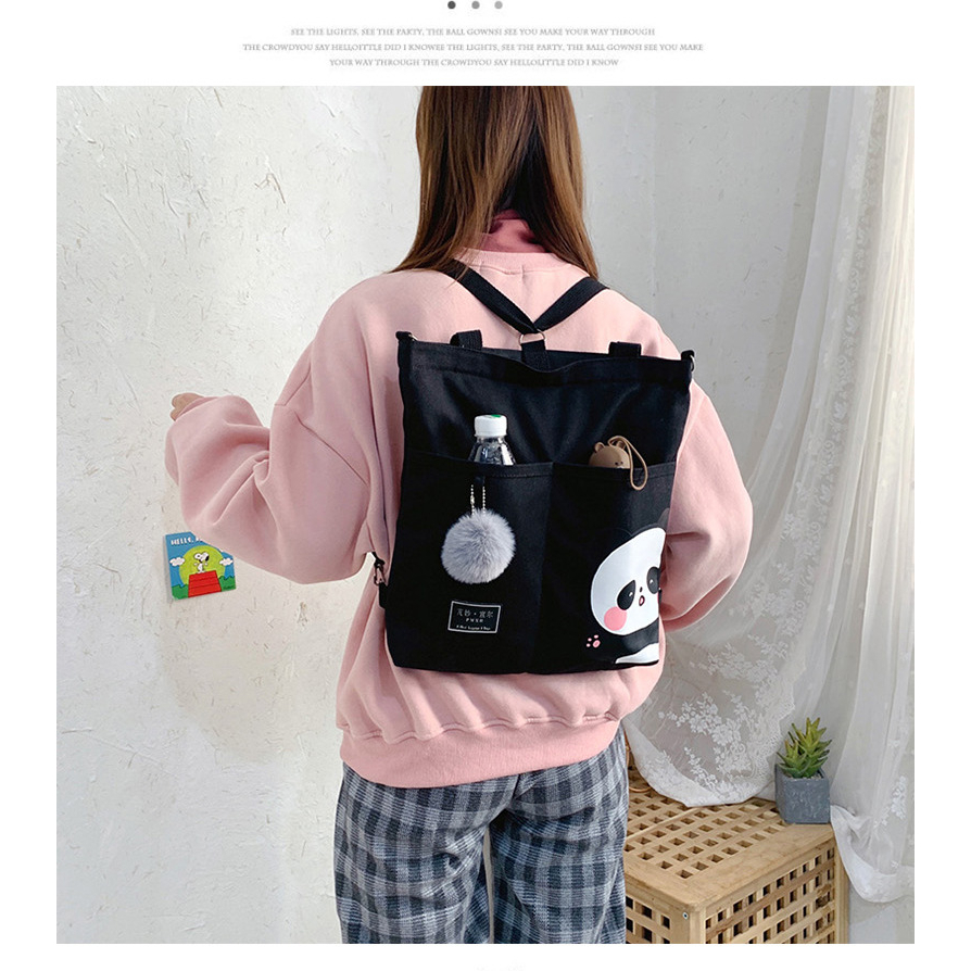 [littlecrab] Tote Bag Panda Imut Lucu Unisex Tas Totebag Resleting Multifungsi Berkualitas Tas Tote Kuliah Sekolah Motif Panda Pom-Pom Lucu Korean Style