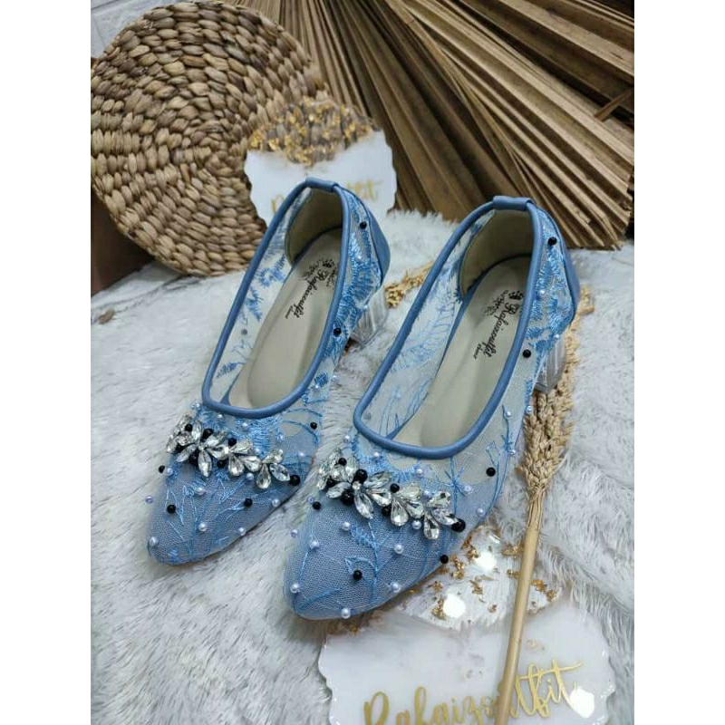 Sepatu wedding pesta Cantik Denim 5cm kaca