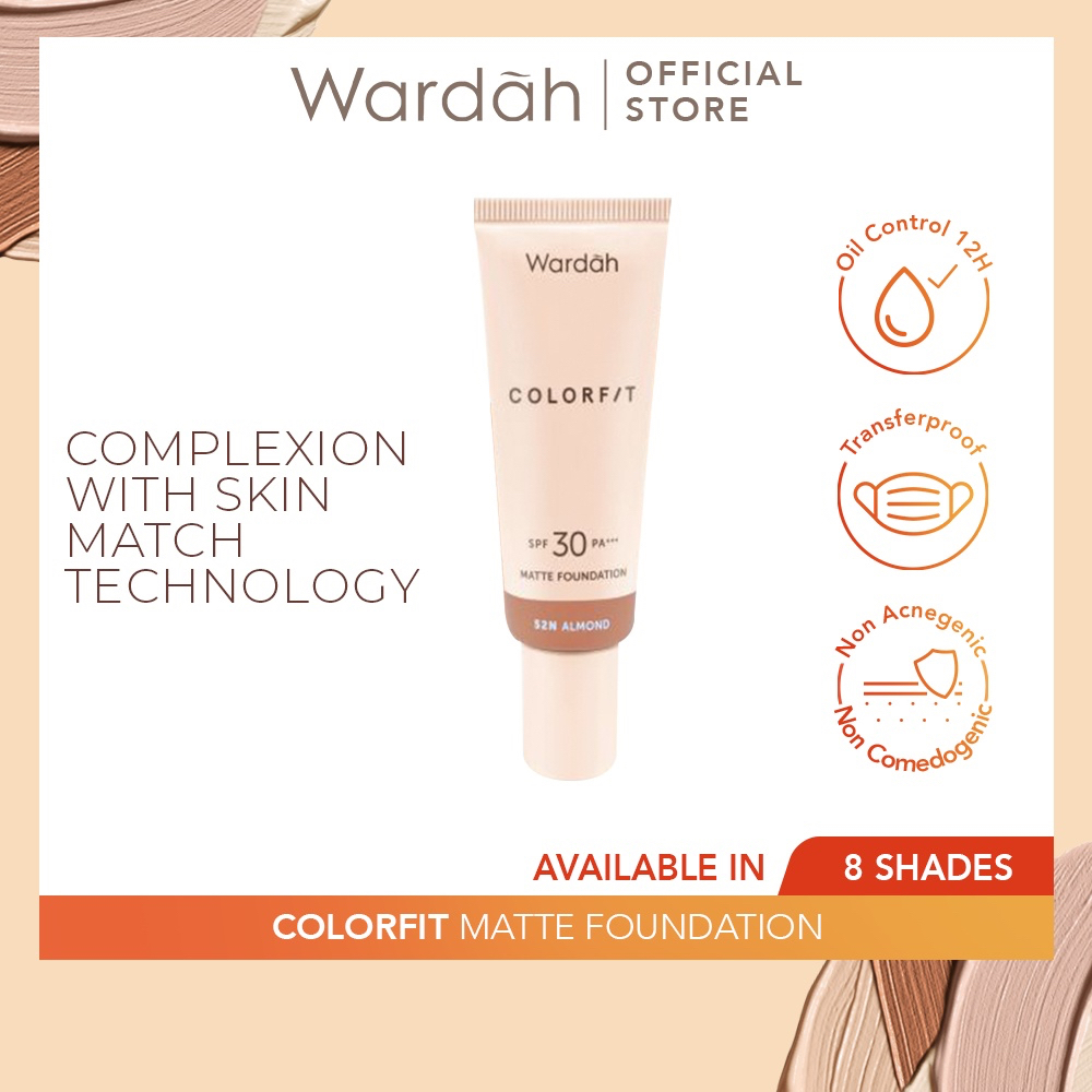 WARDAH Colorfit Matte Foundation Indonesia / Liquid Foundation 25ml / With SkinMatch Technology And Matte Micropowder SPF 30 PA+++ / Covers Imperfections Oil Control Transfer Resistant/ Pink Ivory Neutral Beige Sand Almond / Cosmetic Makeup Face Make Up