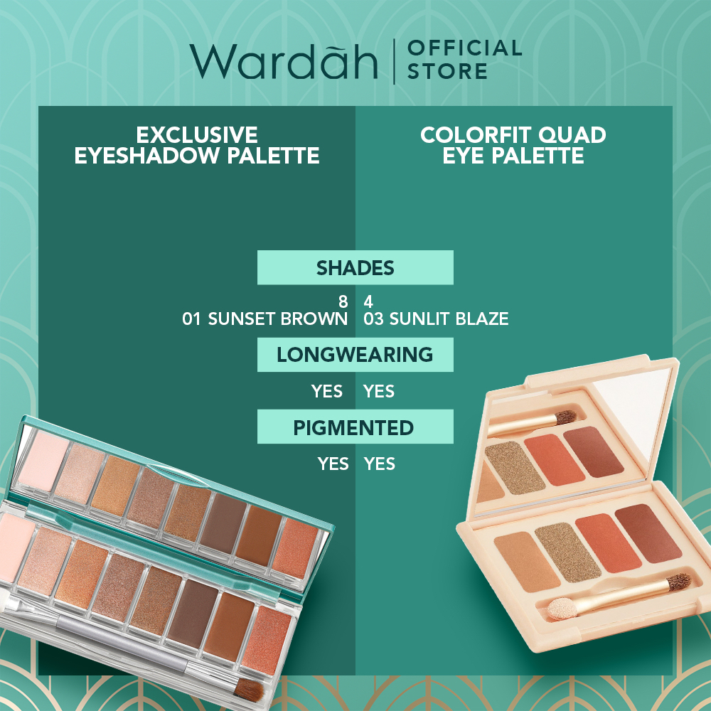 WARDAH Exclusive Eyeshadow Palette Indonesia / 10g / Longwear Intense Colors With Smooth Texture / 8 Warna Intens Tahan Lama Blendable Pigmented / Natural Glam /  Kelopak Mata / 01 Sunset Brown 02 Rose Glow / Cosmetic Makeup Face Make Up Series Eye Shadow