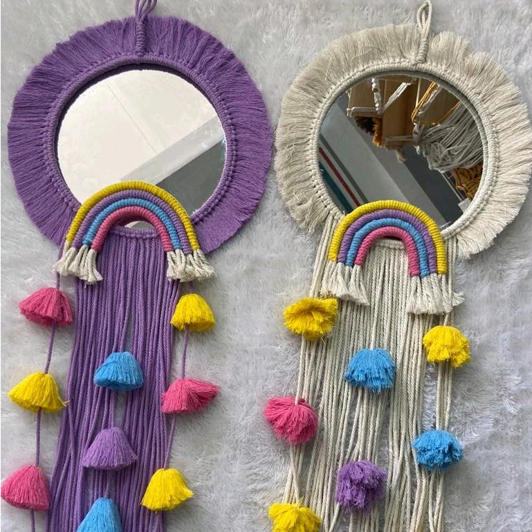 MACRAME CERMIN POM POM/1 Set macrame + cermin / Macrame mirror / Cermin aesthetic / Cermin viral / C