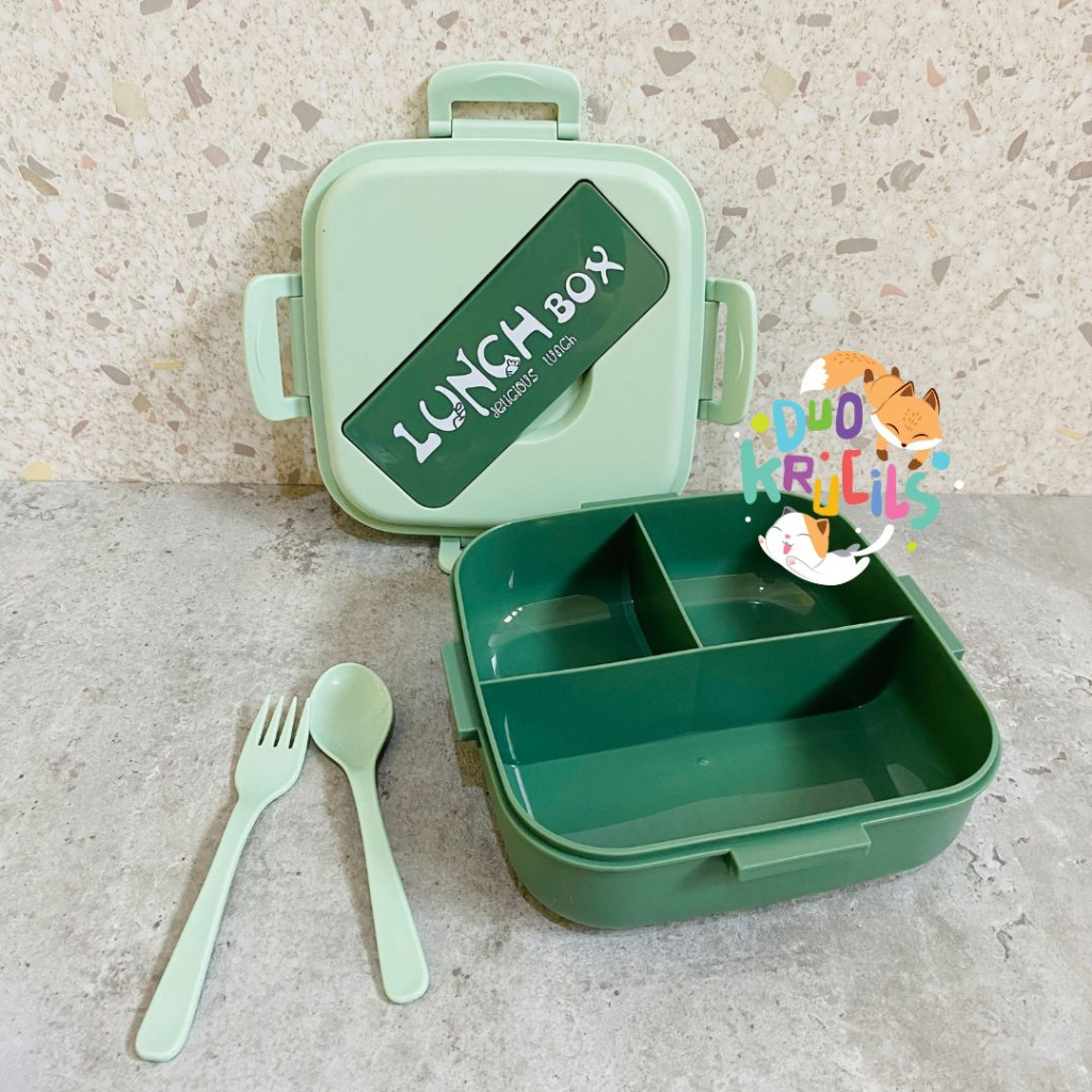 Tempat bekal kotak makan anak sekolah dan dewasa 17 x 17 cm ada 3 sekat
