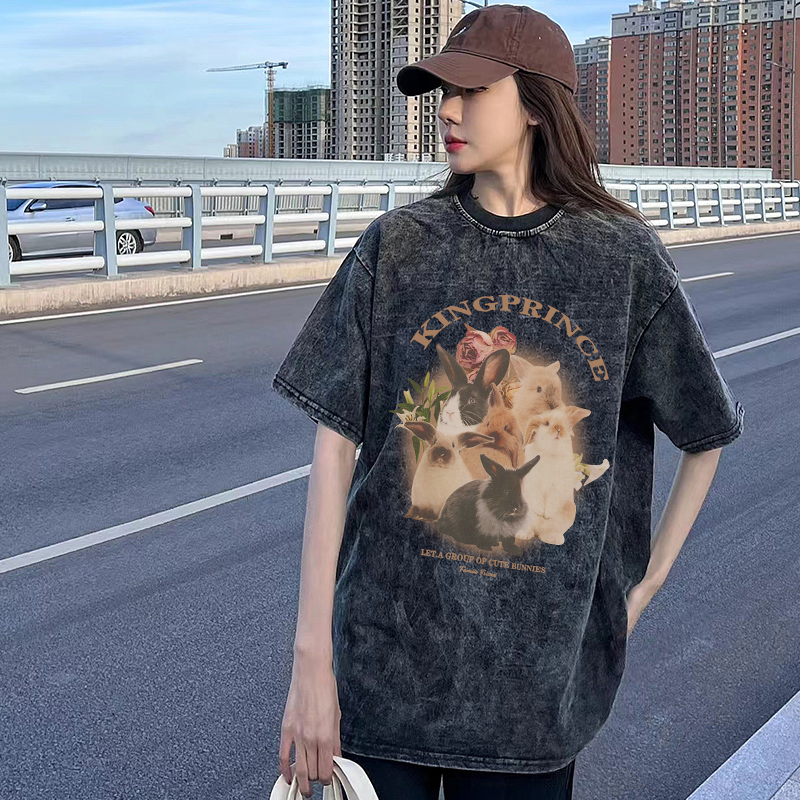 Vintage T-shirt Hitam Washed Oversize Kaos Lengan Pendek Rabbit Baju Wanita Korean Style