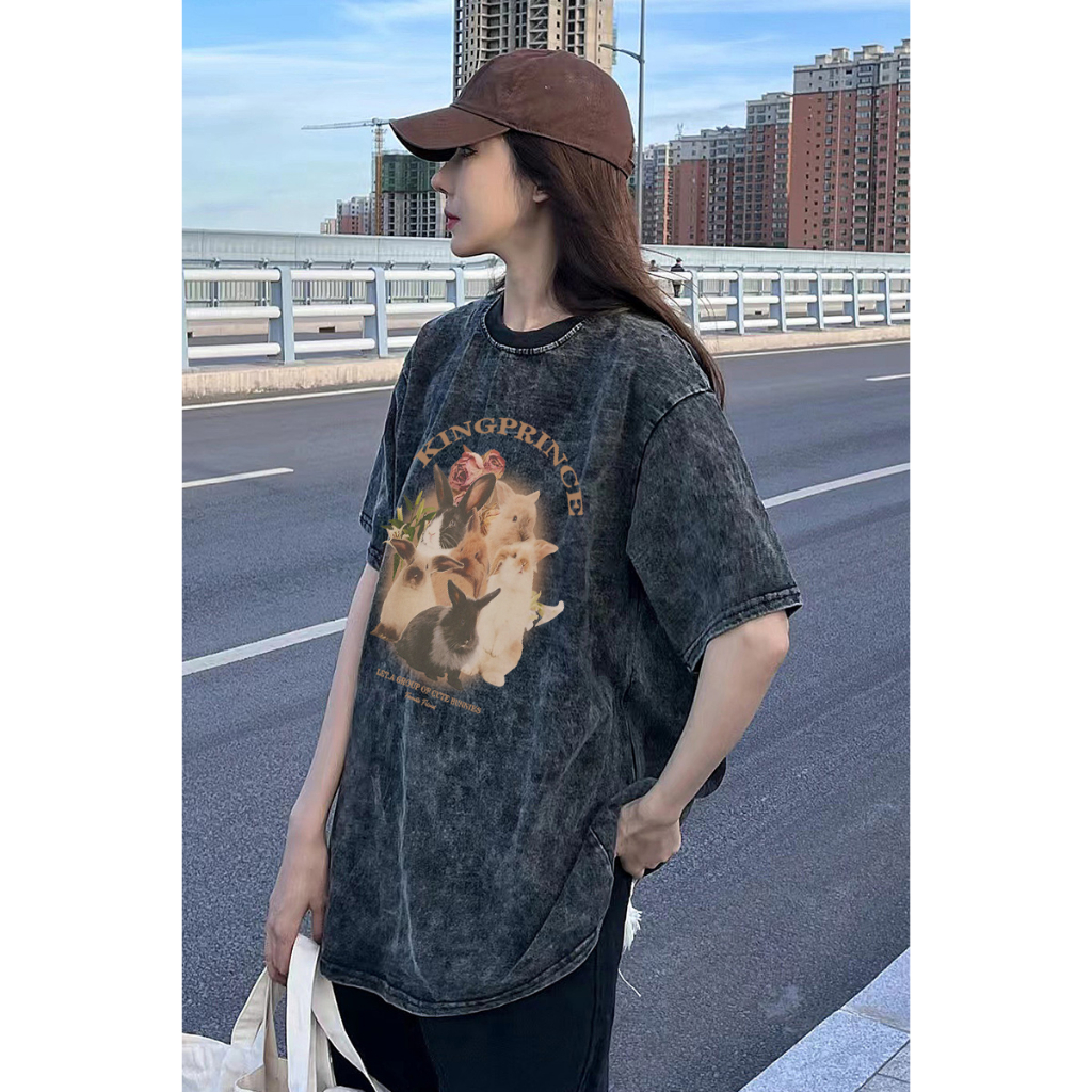 Vintage T-shirt Hitam Washed Oversize Kaos Lengan Pendek Rabbit Baju Wanita Korean Style