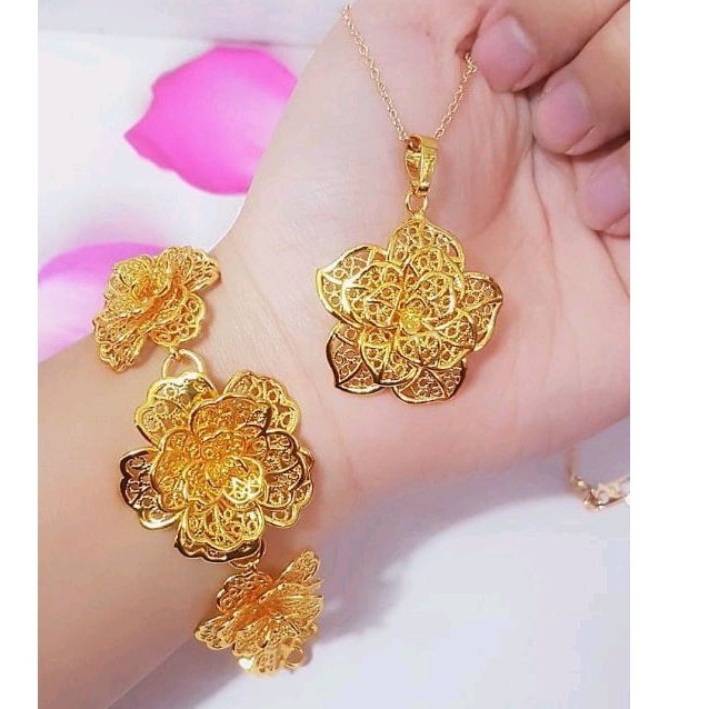 Set Xuping Gelang Kalung Mawar Bunga Lapis Emas 24k 193