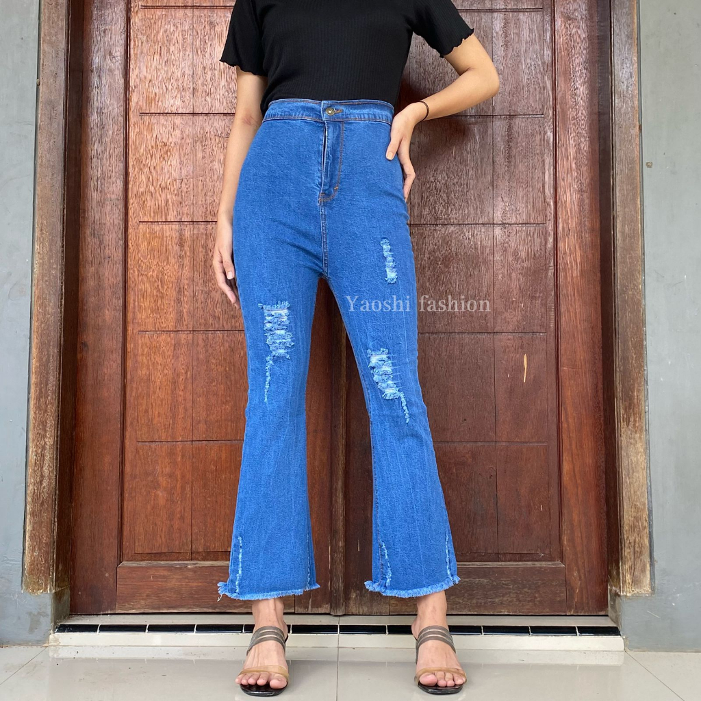 YAOSHI - CELANA JEANS PANJANG WANITA - JEANS CUTBRAY RIPPET  HIGH WAIST CUTBRAY RAWIS VIRAL KEKINIAN 2023