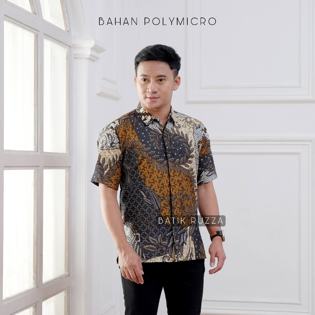 Kemeja Batik Pria Lengan Pendek Motif Modern Abu Sage Hitam Coklat Cowok Laki Dewasa Size M L XL XXL RUZZA