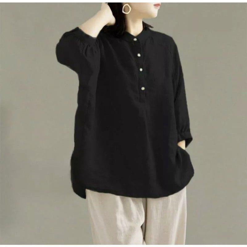 Kemeja Polos Linen Ceria Blouse Atasan Wanita Kerah Shanghai Lengan 3/4 Kancing Hidup