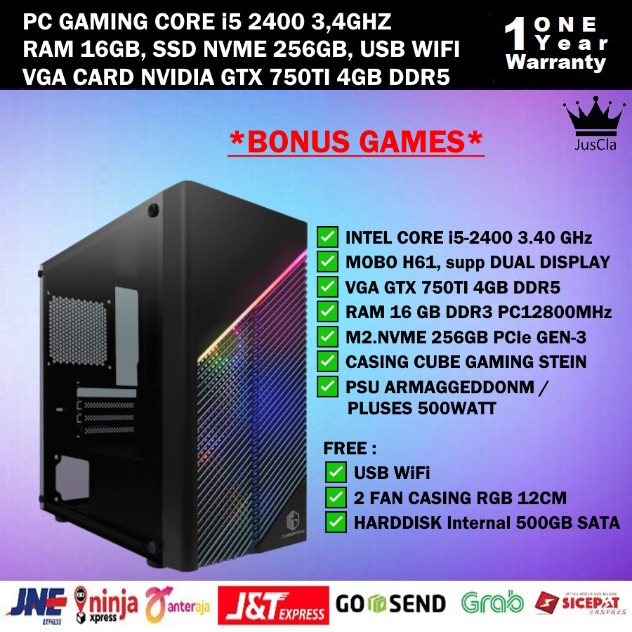 PC GAMING FULLSET INTEL CORE i5-2400 3,4GHz|RAM 16GB|SSD NVME 256GB|NVIDIA GTX 750TI 4GB|HDD 500GB|KEYBOARD+MOUSE GAMING|USB WIFI