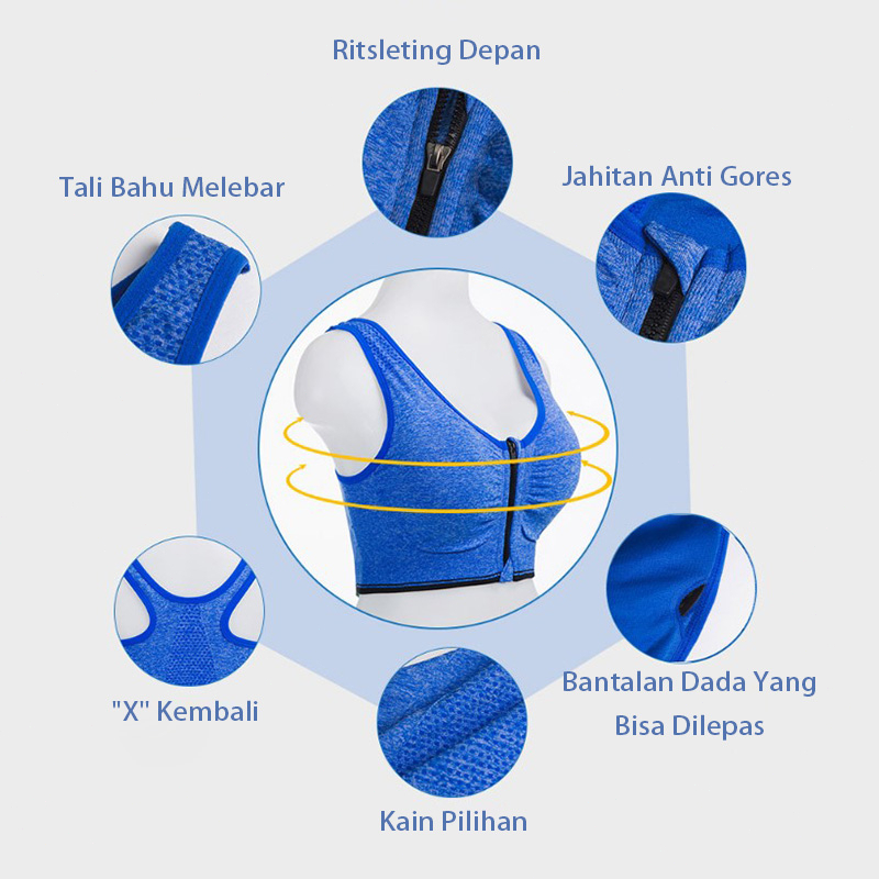 Sport Bra Ritsleting Depan Push Up Bra sports Tanpa Kawat Olahraga Bh Shockproof Hollow Back Breathable Bra 2023