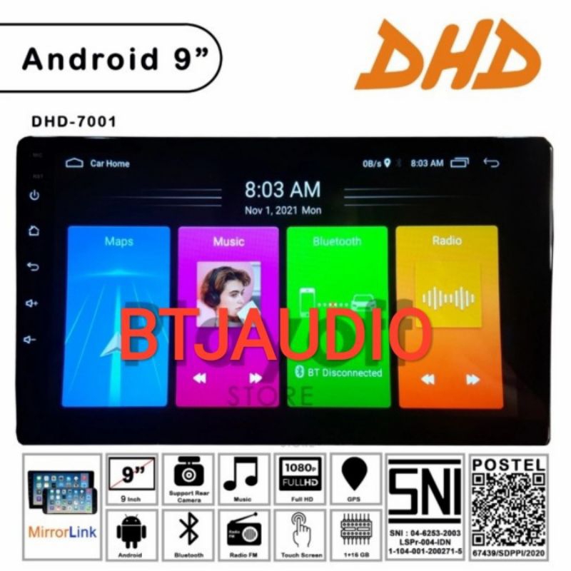 HEAD UNIT TAPE TV MOBIL DOUBLE DIN ANDROID MERK DHD LAYAR UKURAN 9 INCH (GARANSI RESMI DHD)