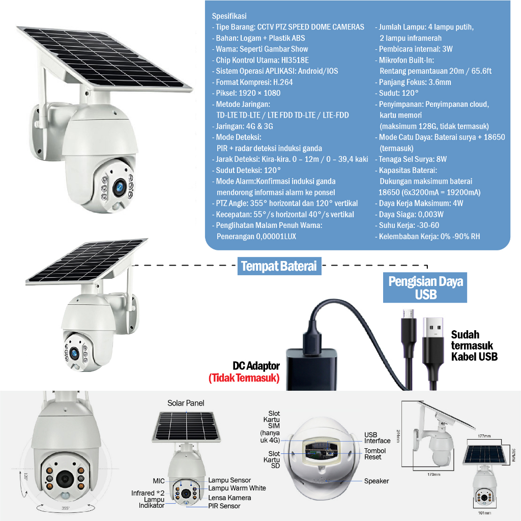 CCTV PTZ OUTDOOR 4G PREMIUM Solar Camera dengan Panel Surya