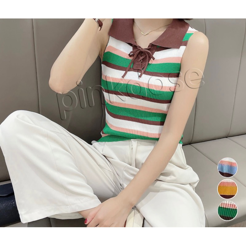[ Tank Top Knit ] YEJI Top / atasan tangan buntung / tank top bahan rajut premium motif salur