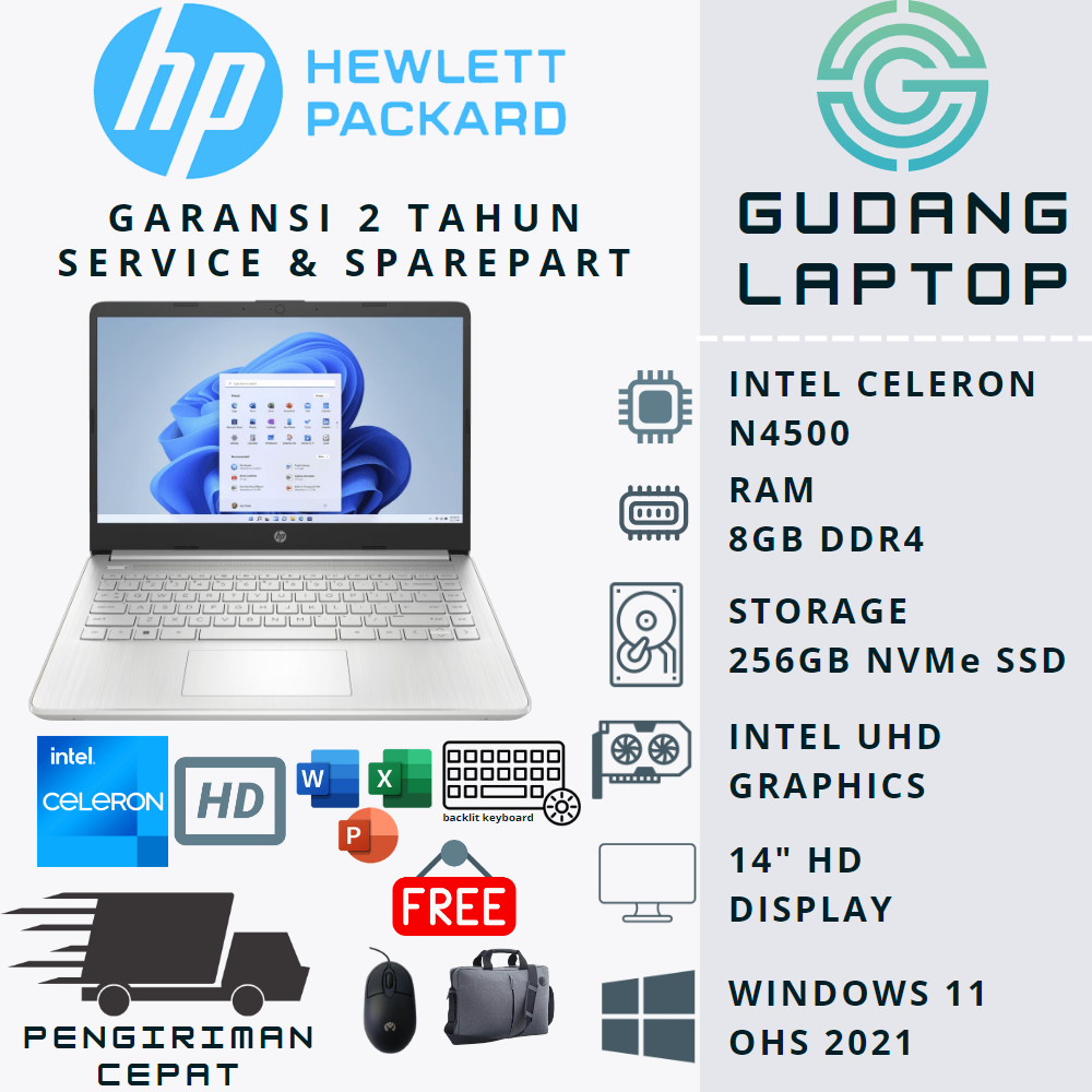 LAPTOP BARU HP 14s DQ3109TU INTEL N4500 RAM 8GB SSD 256GB BACKLIT WIN 11 SILVER