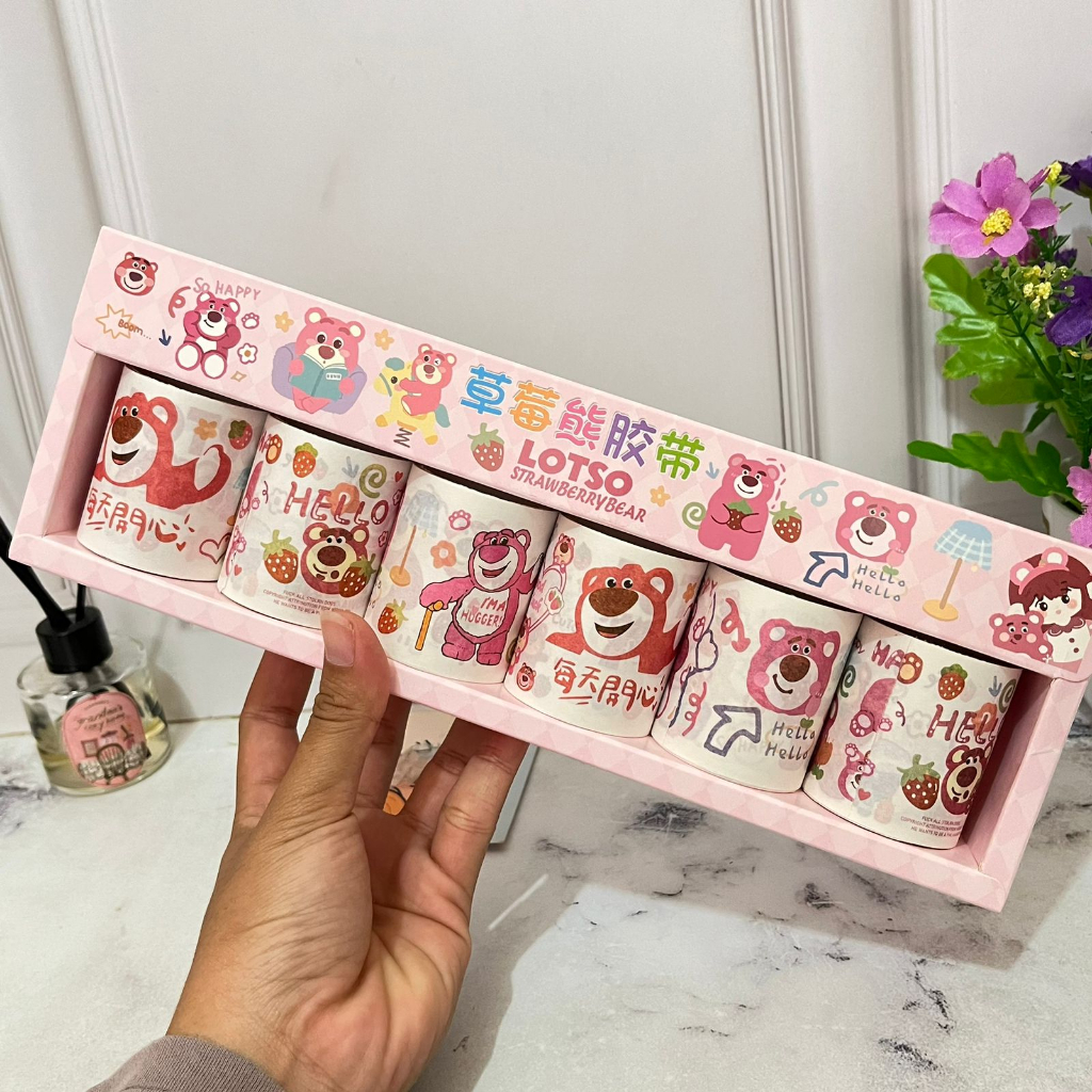 Washi tape Lotso 1 set isi 6 Roll Pink Colour Cute Unik Best Quality / Selotip Bergambar Beruang Pink Kualitas Terbaik isi 6 gulung ATK Fancy kekinian bisa COD