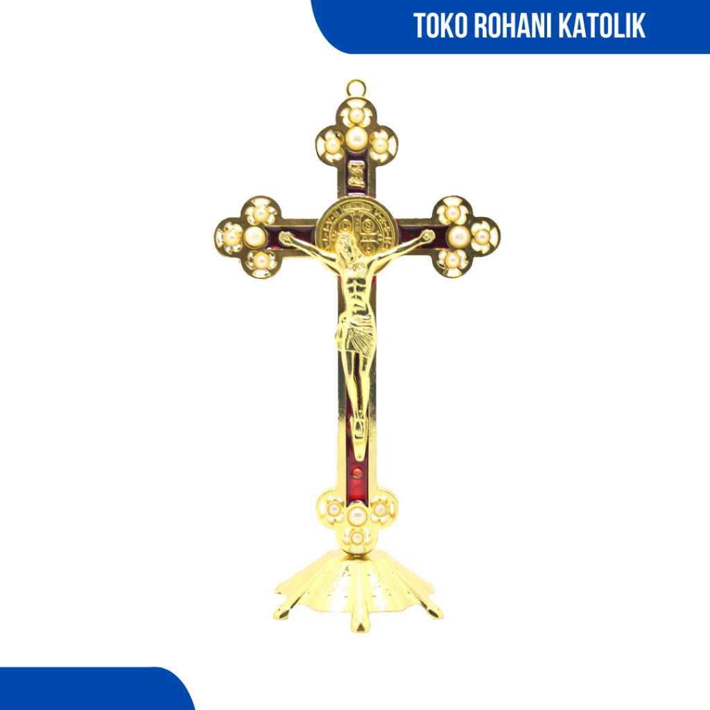 SALIB DUDUK KATOLIK 20 CM (LOGAM-GOLD)/ SALIB BENEDICT / SALIB MEJA / SALIB ALTAR KATOLIK / SALIB BENEDIKTUS