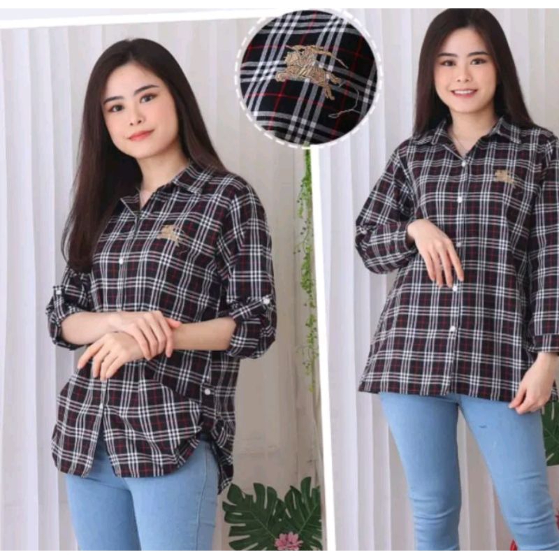 kemeja kotak² wanita lengan panjang warna hitam XXL