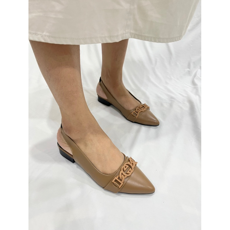 sepatu  flat shoes wanita kekinian terbaru Louisdear B154 heel 2 cm bahan dove tali belakang