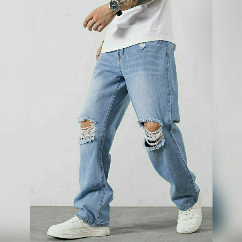 CELANA SOBEK PRIA RIPPED JEANS STANDAR REGULER BASIC DENIM JINS PANJANG 27-38