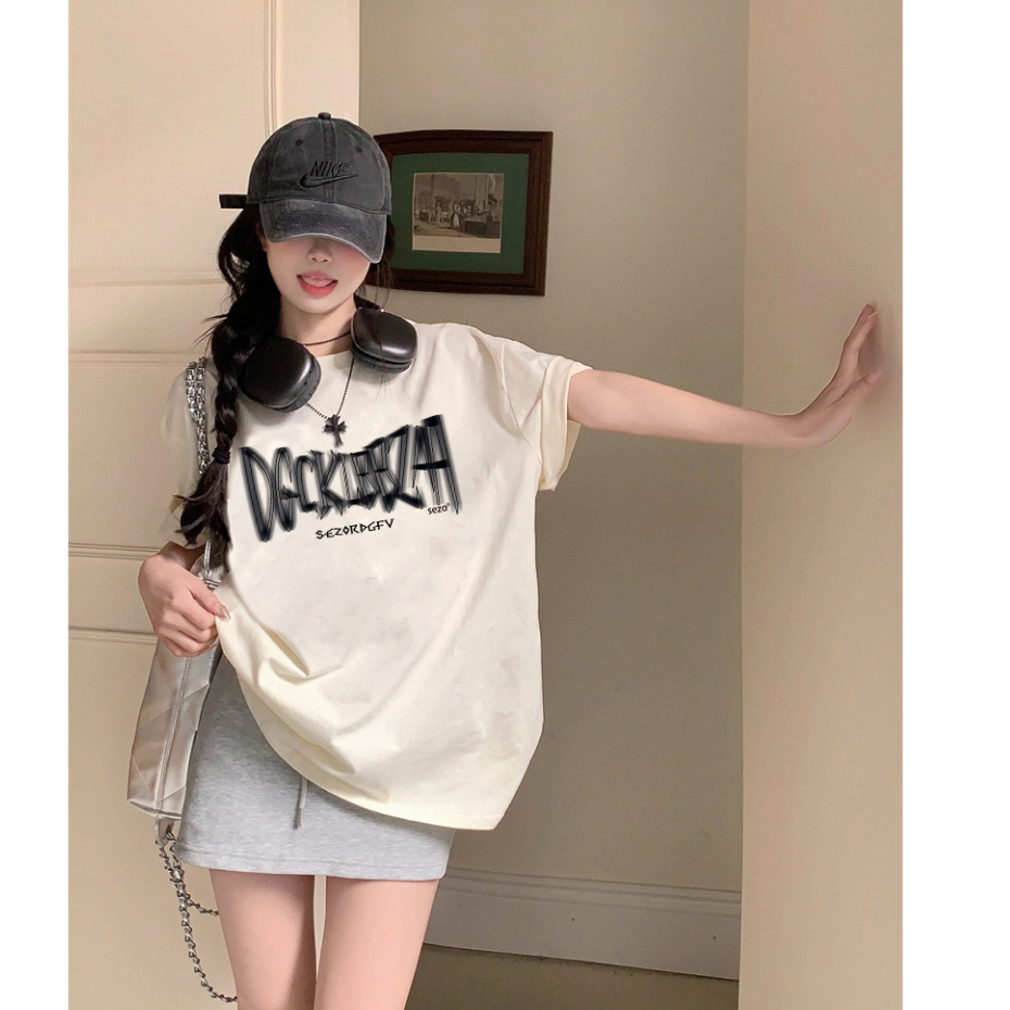 baju kaos wanita/lengan pendek korean style letter graffiti print T-shirt import oversize kaos cream