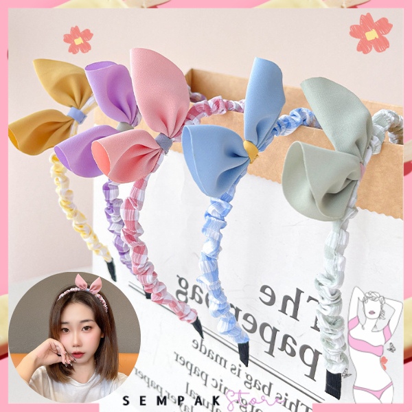 SS Bando Pita Scrunchie Bando Scrunchie Korea Anak Perempuan Motif Kotak Kotak Bando Aksesoris Rambut Wanita Bando Lucu Bando Kerut Pita