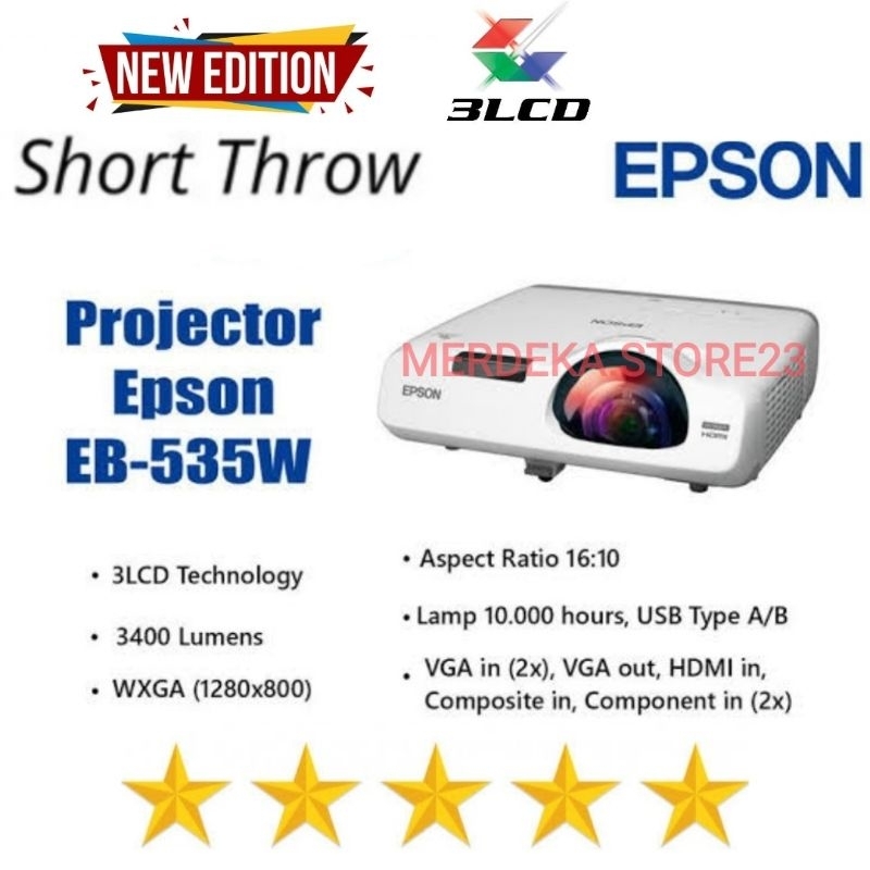 Epson Projector EB-535W EB535W EB 535W EB 535 W Proyektor Epson - WXGA SHORT THROW 3LCD 3400 ANSI LU