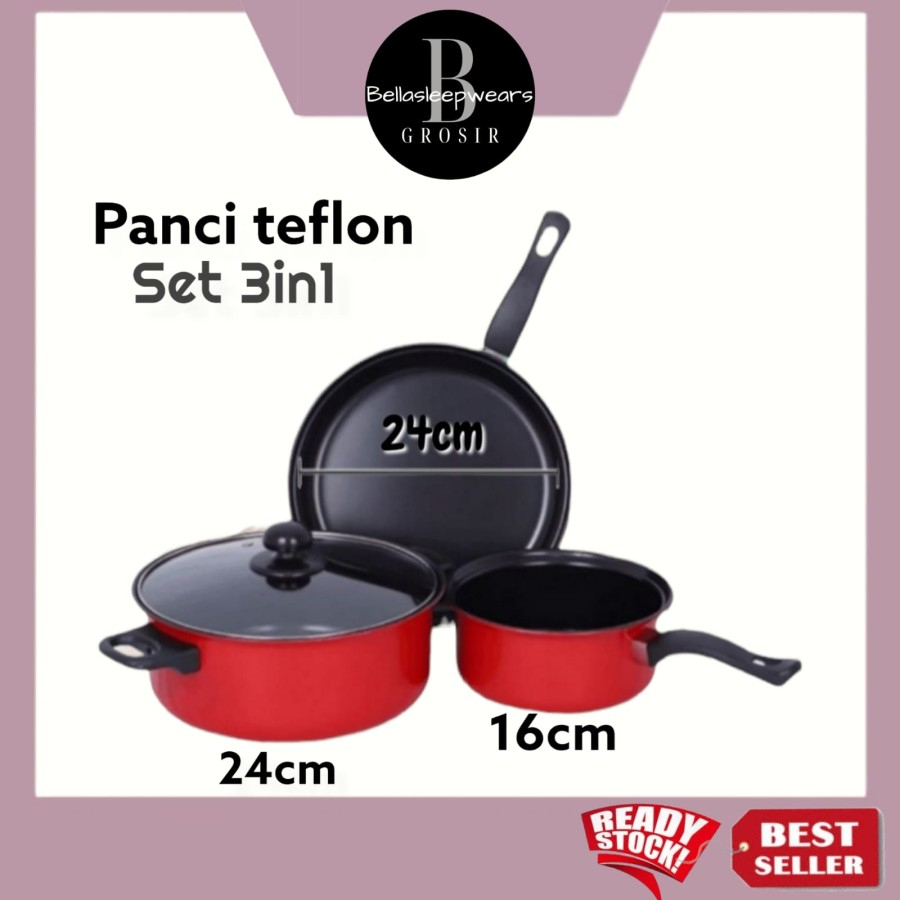 3IN1 COOKWARE SET PANCI SET TEFLON WAJAN TUTUP KACA GOLDEN RED 3IN1