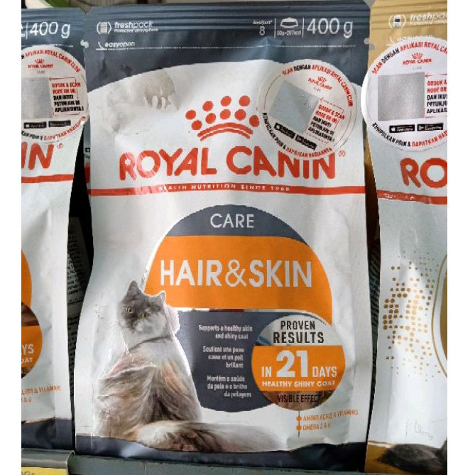 ROYAL CANIN HAIR AND SKIN CARE HAND&amp;SKIN NUTRISI BERGIZI UNTUK KULIT DAN RAMBUT PAKAN KUCING DEWASA CATFOOD CAT FOOD KEMASAN POUCH PLASTIK BAG 400G 400GR