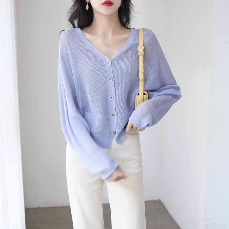 【Elegant】See Through V-neck Button Long Sleeved Cardigan 2097