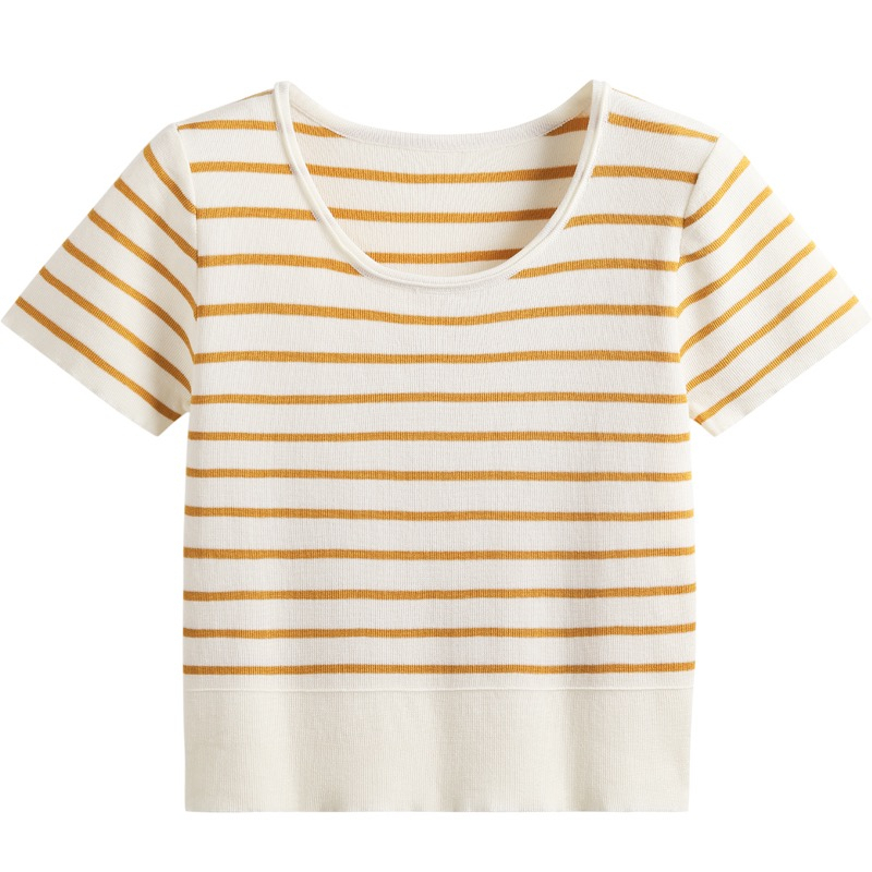 【Elegant】Tshirts O-Neck Striped Shirts Basic Short Top 2108