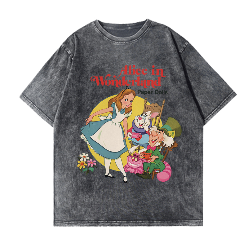 Vintage T-shirt Hitam Washed Oversize Kaos Lengan Pendek Baju Wanita Alice sleepwalking Wonderland Korean Style