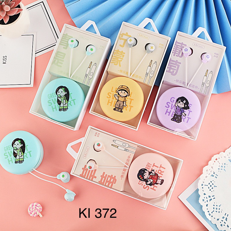 [ KI 372 ] Set Headset Earphone karakter  korean girl / + Wadah penyimpanan Earphone Motif in ear