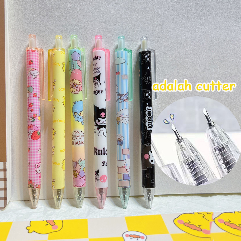 

✨EG Sanrio Cutter Pen Lucu Cutter Stiker Pensil Pisau Utilitas Berbentuk Pena Pemotong Pulpen Retractable Handmade Portable Desain Kartun Kreatif Cutter Pen Stiker Pemotong Seni Pena Tekan Pulpen Pisau Pencil Knifes Cutte Pena Pisau Stiker-EG