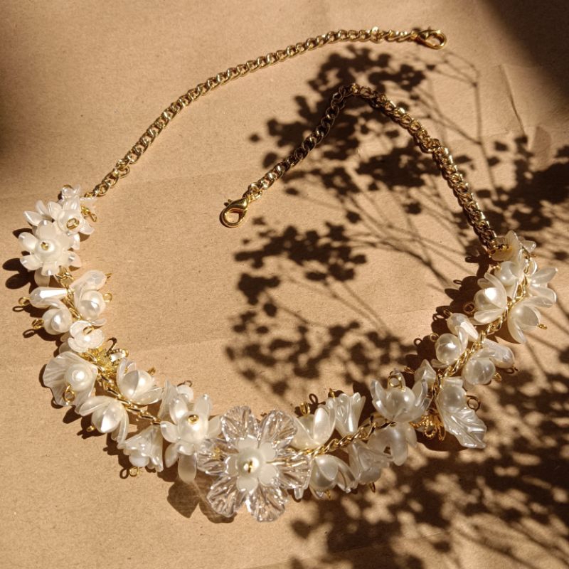 Kalung Panjang Kalung Beads Manik - Manik Mutiara Kelopak Bunga Kristal