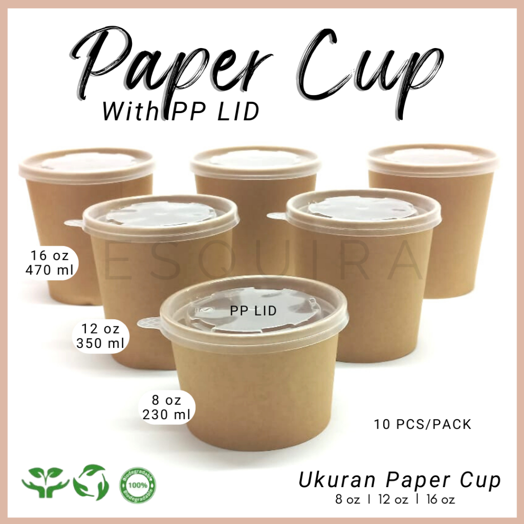 (10pcs) Kraft Paper Cup + PP LID Food Grade 8Oz, 12Oz, 16Oz