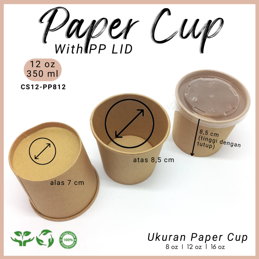 (10pcs) Kraft Paper Cup + PP LID Food Grade 8Oz, 12Oz, 16Oz