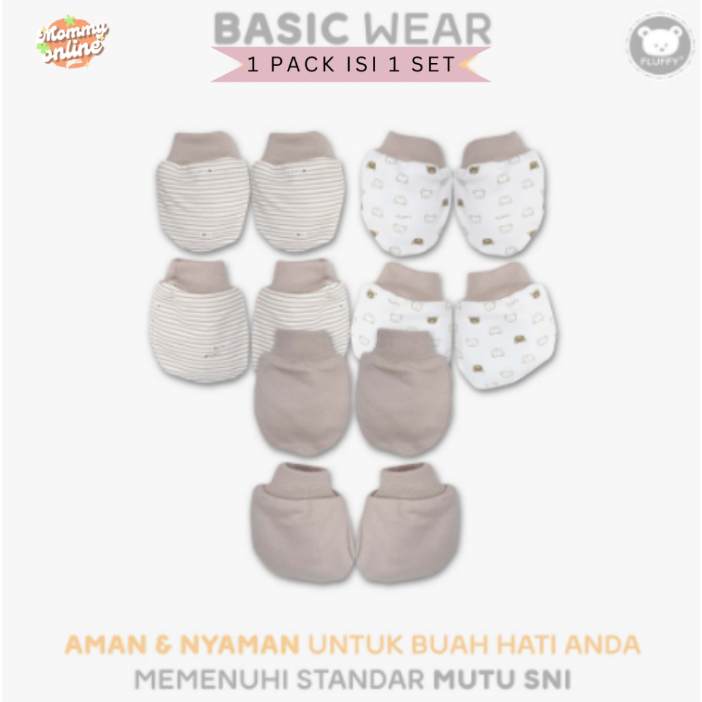 [MOMMYONLINE] FLUFFY Sarung Tangan dan Kaos Kaki RIB STKR / KARET SERUT STK 1 Set Newborn 0 - 3 bulan Warna Khaki / Abu / Pink