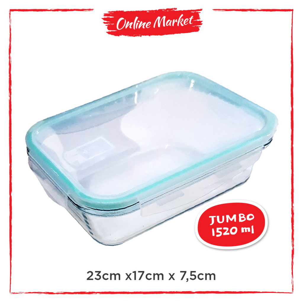 [JUMBO 1520ml] Lunch Box Kaca Tahan Panas - Kotak Makanan Kaca - Oven &amp; Microwave Safe - Glass Lock Anti-bocor