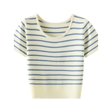 【Premium】Knit T-shirt Stripe Short Sleeves 2108